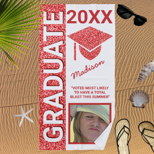 Grad Glam Red Cap Summer Photo Typography Beach Towel