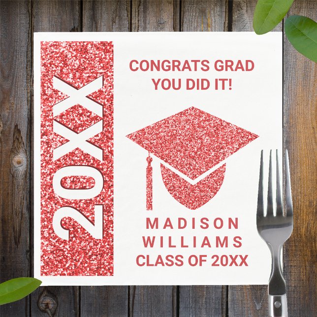 Grad Glam Red Cap Typography Simple Party Napkin (Creator Uploaded)