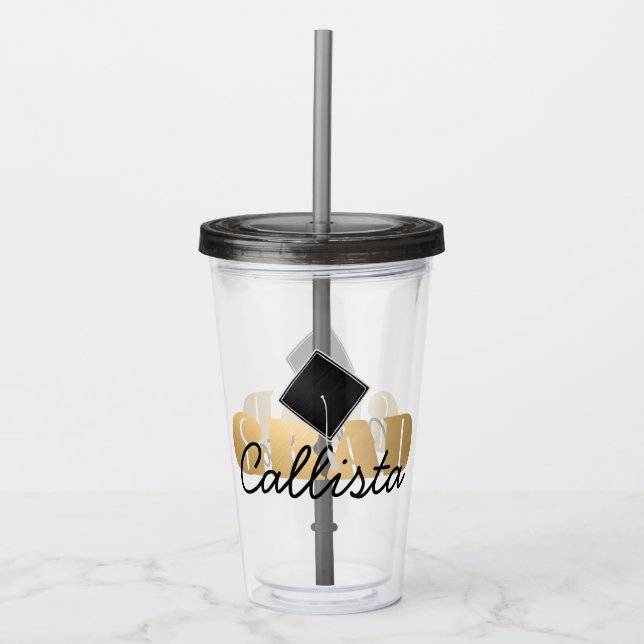Grad Gold Black Graduation Cap Monogram Name Acrylic Tumbler (Front)