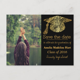 Grad Gold Bohemian Hat Save The Date Photo Announcement Postcard