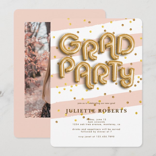 Grad Gold Foil Balloon Party Invitation (Front/Back)