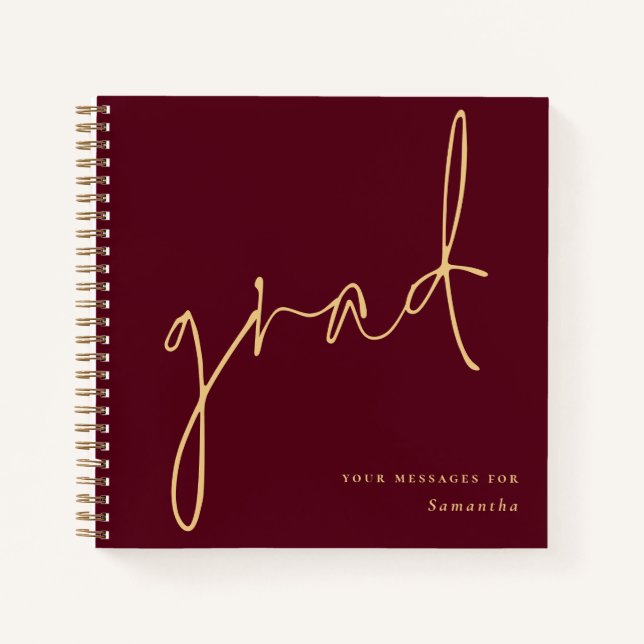 Grad Gold Script Burgundy Graduation Guest Book (Front)