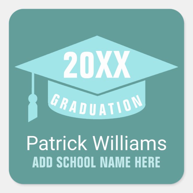 Grad / graduation academic class of, light blue  square sticker (Front)