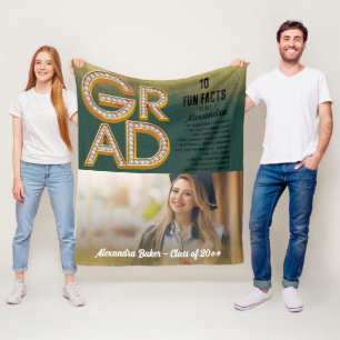 Grad Graduation Gold Glitter Fun Facts Photo Class Fleece Blanket
