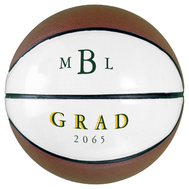 Grad Green Monogram Green & Gold Date Gift  Basket Basketball (Front)