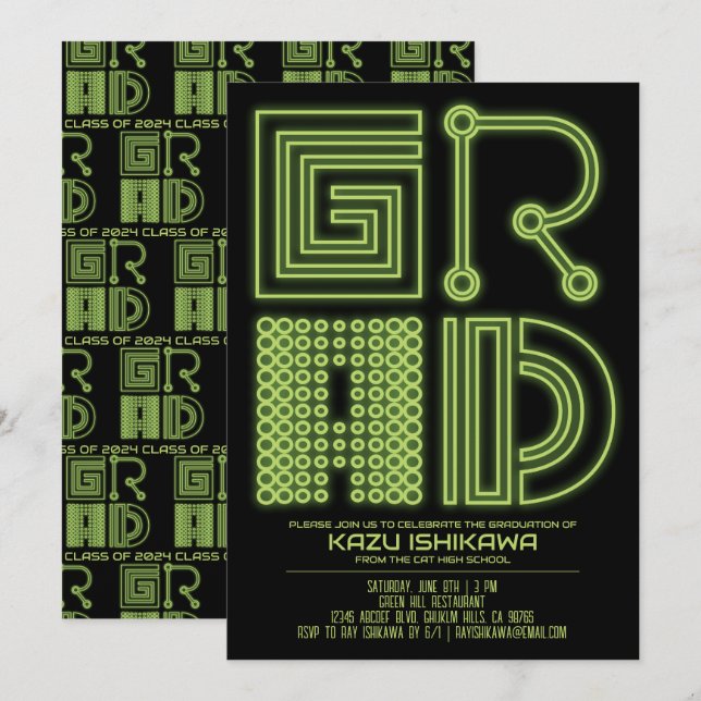 GRAD | Green neon Graduation party Invitation (Front/Back)