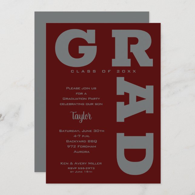 GRAD Grey on Dark Maroon Graduation Invitation (Front/Back)