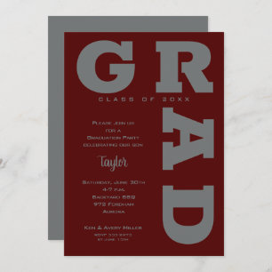 GRAD Grey on Dark Maroon Graduation Invitation