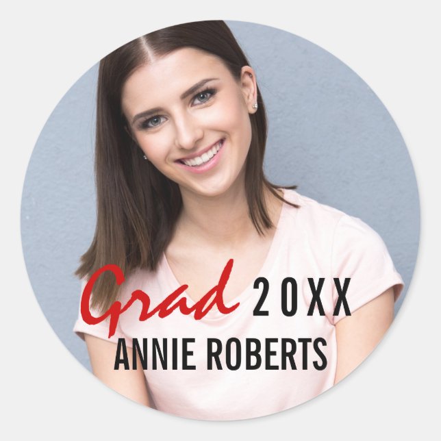 Grad handwritten modern graduation photo classic round sticker (Front)