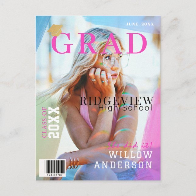 Grad Magazine Neon Pink Photo Graduation Announcement Postcard (Front)