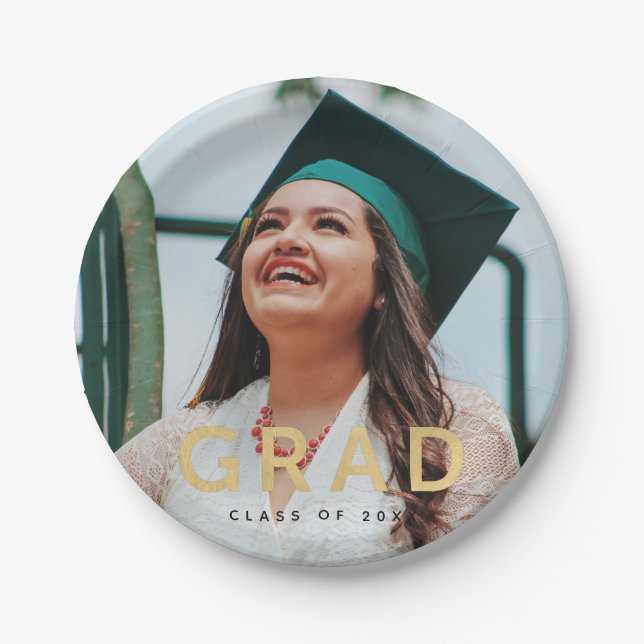 Grad Modern Gold Personalised Photo Graduation  Paper Plate (Front)