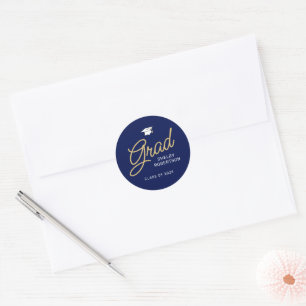 Grad Modern Script Navy Blue Graduation Classic Round Sticker