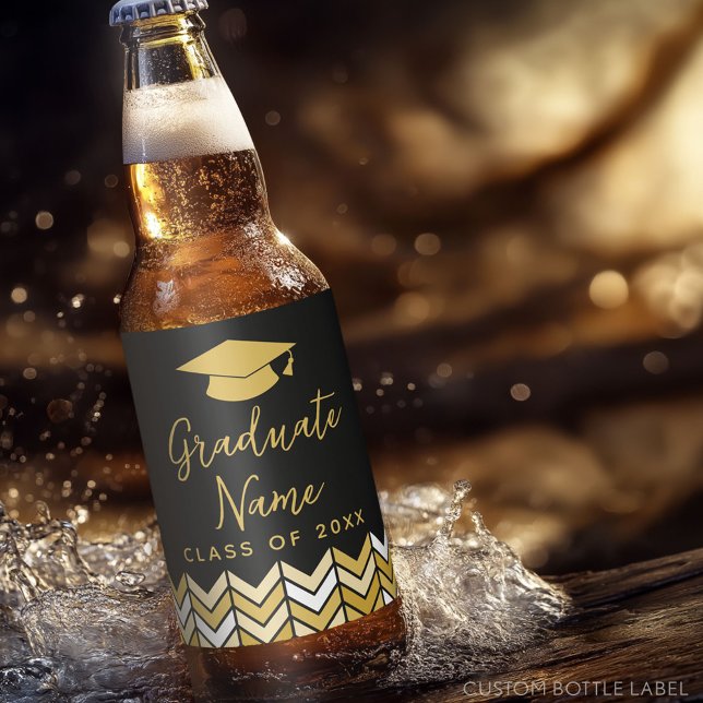Grad Name Script with Cap - Black Gold Graduation Beer Bottle Label (Custom Beer Bottle Label with a Graduation Design)
