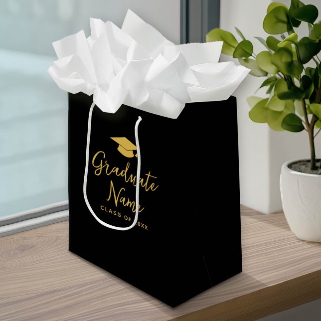 Grad Name Script with Cap - Black Gold Graduation Medium Gift Bag (Custom Graduation Gift Bag with a pace for the graduate's name)
