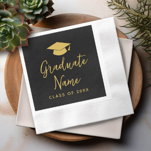 Grad Name Script with Cap - Black Gold Graduation Napkin