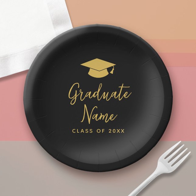 Grad Name Script with Cap - Black Gold Graduation Paper Plate (Custom Graduation Paper Plate)