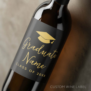 Grad Name Script with Cap - Black Gold Graduation Wine Label