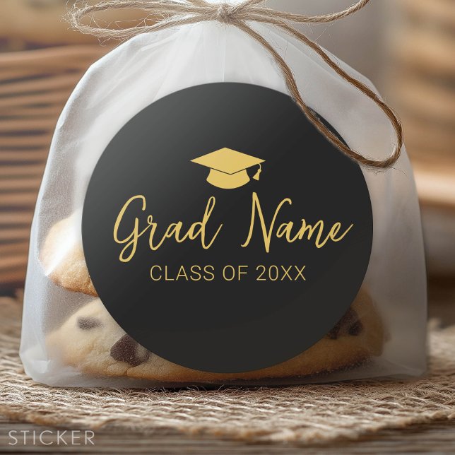 Grad Name Script with Graduation Cap - Black Gold Classic Round Sticker (Custom Graduation Sticker - Favor Stickers or Envelope Label)