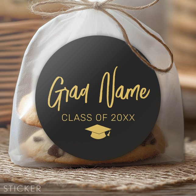 Grad Name Script with Graduation Cap - Black Gold Classic Round Sticker (Custom Graduation Sticker - Favor Stickers or Envelope Label)