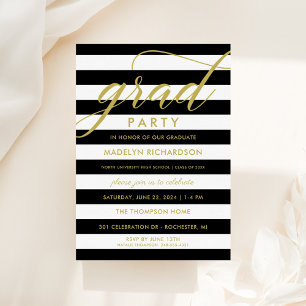 Grad Party Black White Stripes Gold Script Invitation