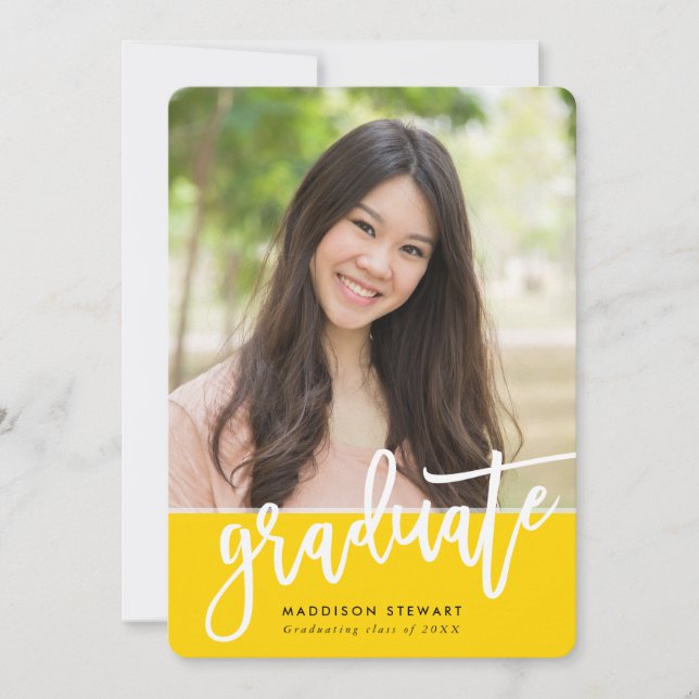 GRAD PARTY chic photo trendy calligraphy yellow Invitation (Front)