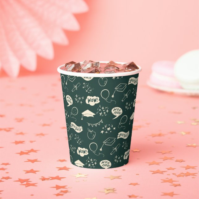 Grad Party Doodle Icon Pattern Green Paper Cups (Insitu)