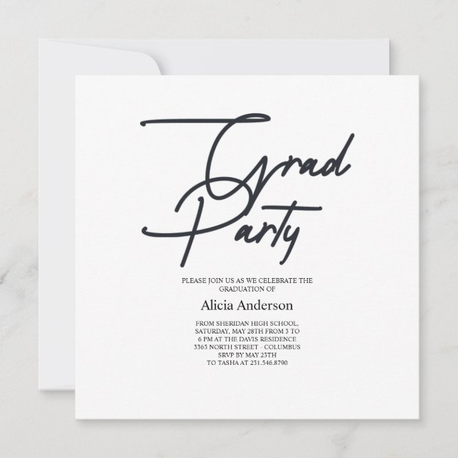 Grad Party Invitation | Hathama Script Black White (Front)