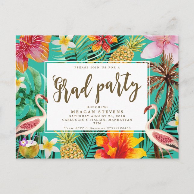 Grad Party invitation tropical flamingo hibiscus (Front)