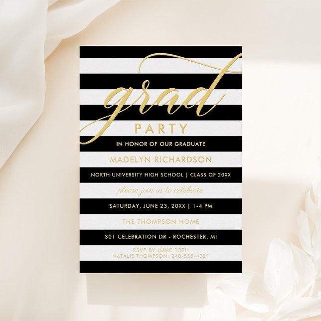 Grad Party Modern Black Stripes Gold (Creator Uploaded)