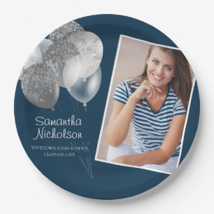 Grad Party Navy Blue Silver Glitter Balloons Photo Paper Plate