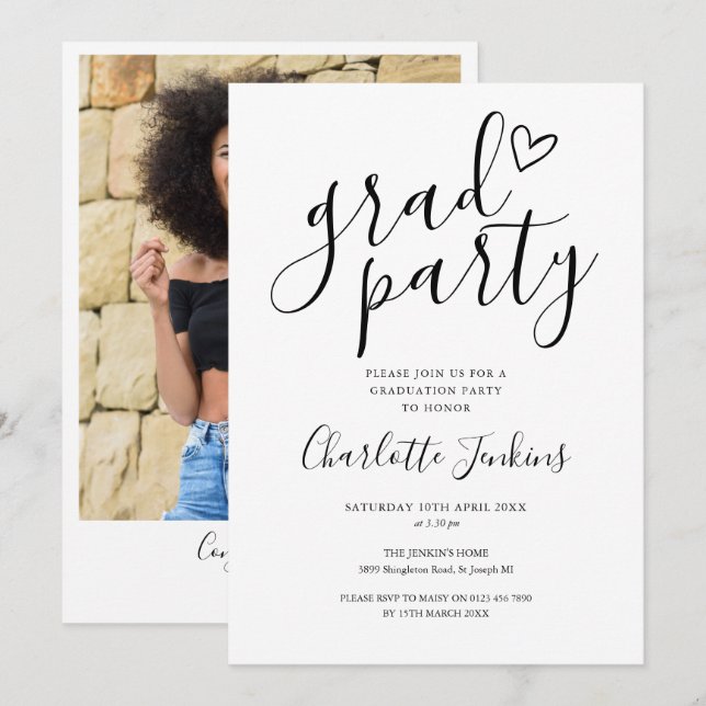 Grad Party Script Heart Photo Graduation Party Invitation (Front/Back)