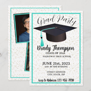GRAD PARTY-Turquoise Blue Colours - 2 Photo Invitation