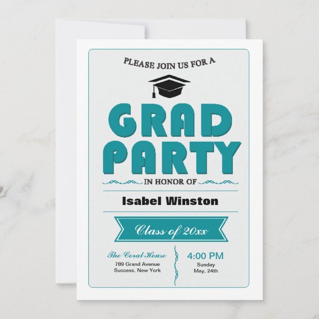 Grad Party White Invitation (Front)