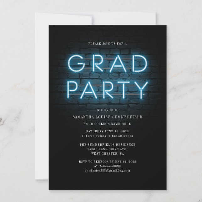 Grad Photo Blue Neon Sign Graduation Party Invitation (Front)