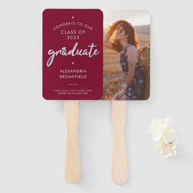 Grad Photo Burgundy Script Graduation 2025 Hand Fan (Front and Back)