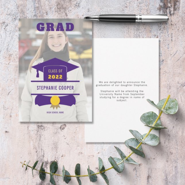 Grad Photo Cap Motif Purple Yellow 2022 Graduation Announcement (Creator Uploaded)