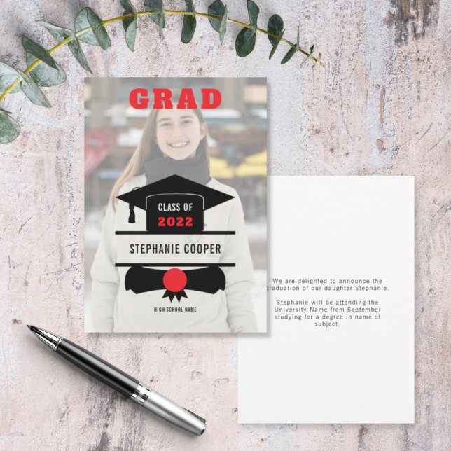 Grad Photo Cap Red Black 2022 Graduation Announcement (Creator Uploaded)