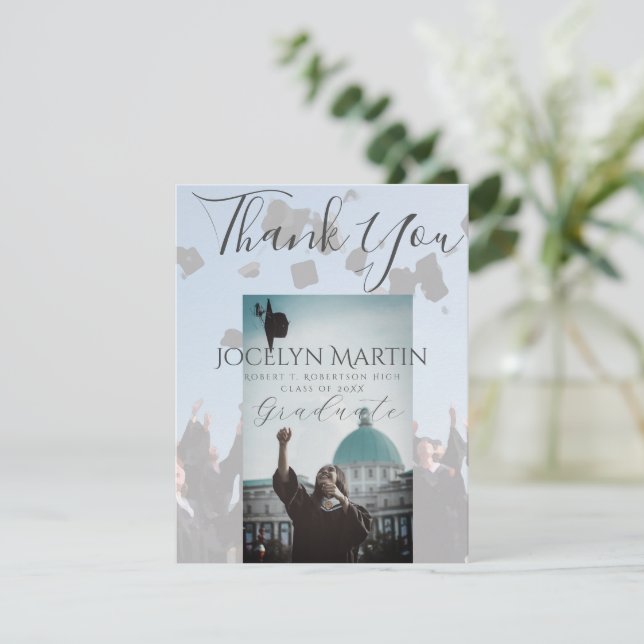  Grad Photo Cap Toss Border Thank You Postcard (Standing Front)