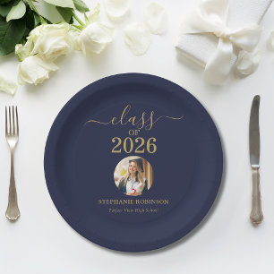 Grad Photo Class of 2026 Blue Gold Party Paper Plate