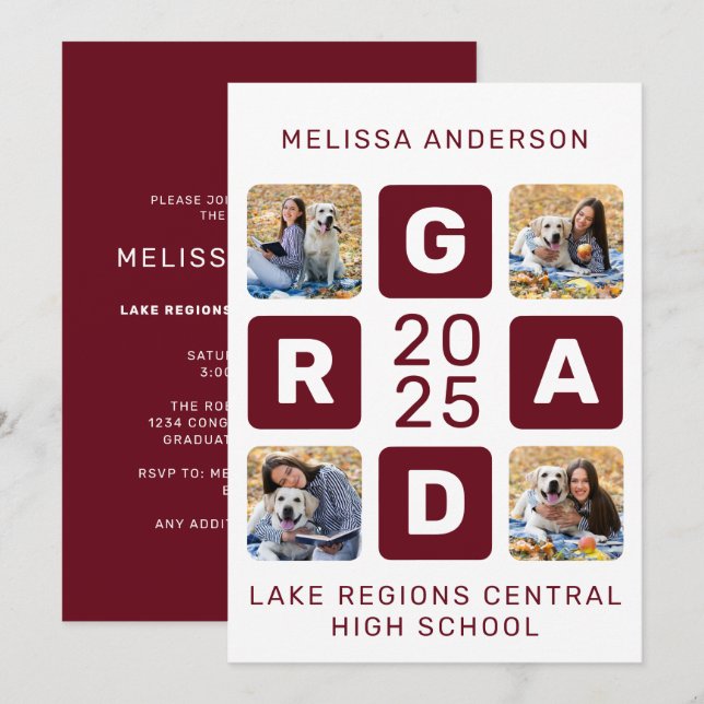 Grad Photo Collage Burgundy Unique Graduation Invitation (Front/Back)