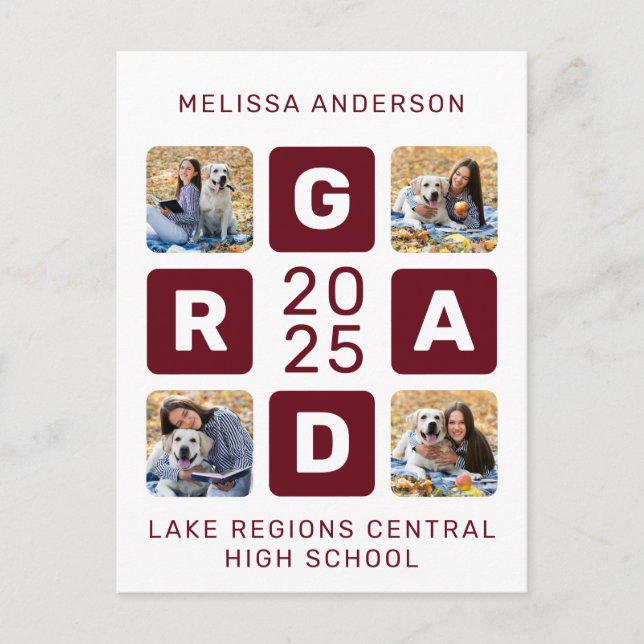 Grad Photo Collage Burgundy Unique Graduation Invitation Postcard (Front)
