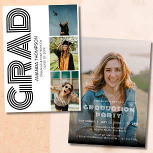 Grad Photo Collage White Gold Graduation Invitation