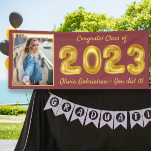 Grad Photo Gold Balloons 2022 Burgundy Graduation Banner
