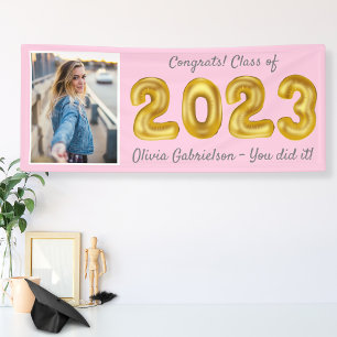 Grad Photo Gold Balloons 2023 Pink Graduation Bann Banner