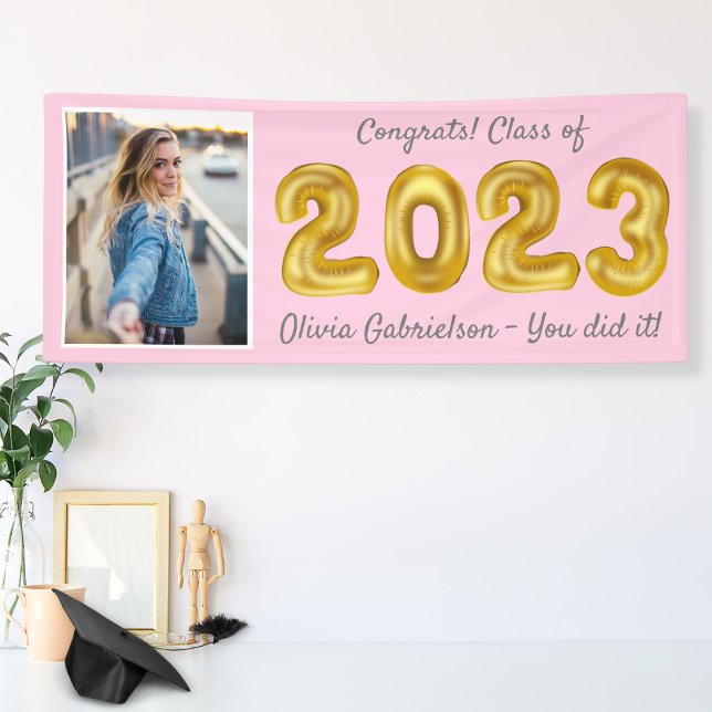 Grad Photo Gold Balloons 2023 Pink Graduation Bann Banner (Creator Uploaded)