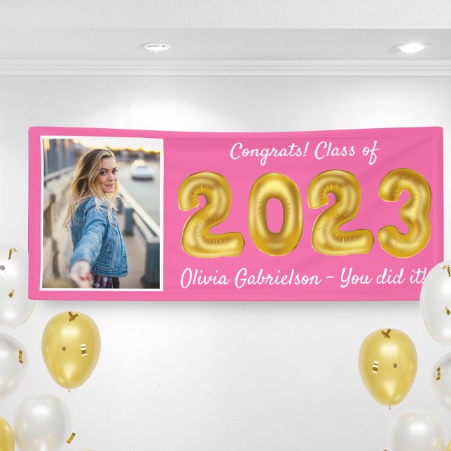 Grad Photo Gold Balloons 2024 Pink Graduation Banner (Creator Uploaded)