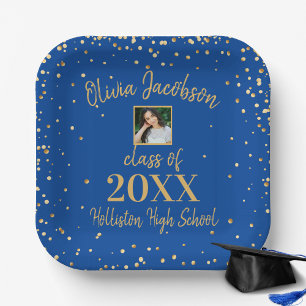 Grad Photo, Gold Confetti, Blue Graduation Party Paper Plate