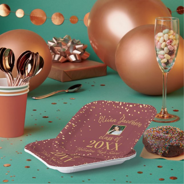 Grad Photo Gold Confetti Burgundy Graduation Party Paper Plate (Multi)
