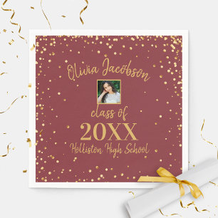 Grad Photo Gold Confetti Graduation Party Burgundy Napkin