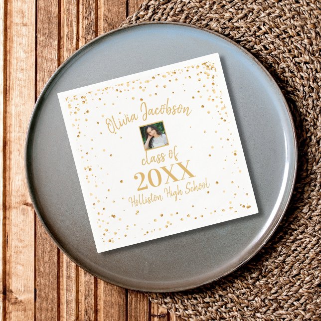 Grad Photo, Gold Confetti, Graduation Party White Napkin (Creator Uploaded)